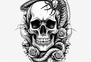 Black skull sleeve tattoo with spiders and snake tattoo idea