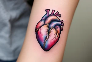 An anatomical heart torn in half, with golden stitches holding it together, signifying resilience and recovery. tattoo idea