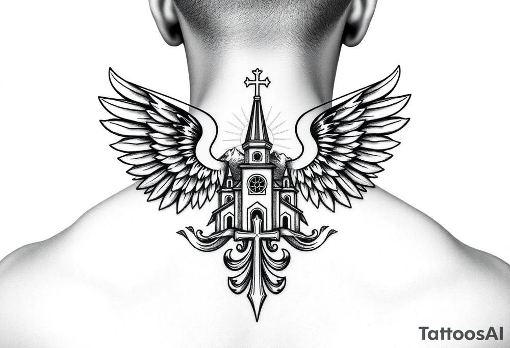 russian coat of arms with both heads visible & wings spanning out on my back neck across on to my shoulders with an orthodox christian church being visible in a mountainous sun beaming setting, with the russian orthodox cross spire of the orthodox church being visible on my neck with a sun beaming in the background that the cross sits inside tattoo idea