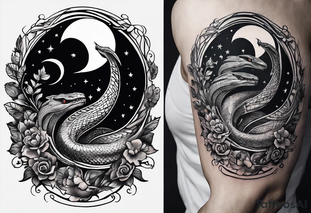 A snake wrapped around a crescent moon, which is connected to the sun which has a cardinal in it tattoo idea