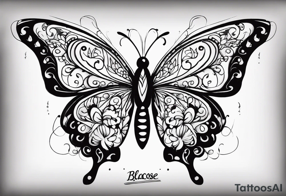 butterfly with one wing black scribbles, the other wing beautiful and colorful, the body has the date 1.9.2023 and the words written "I chose to live." tattoo idea