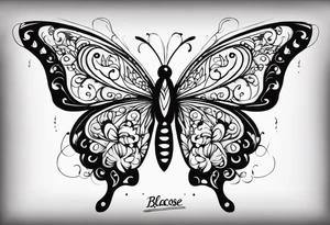 butterfly with one wing black scribbles, the other wing beautiful and colorful, the body has the date 1.9.2023 and the words written "I chose to live." tattoo idea