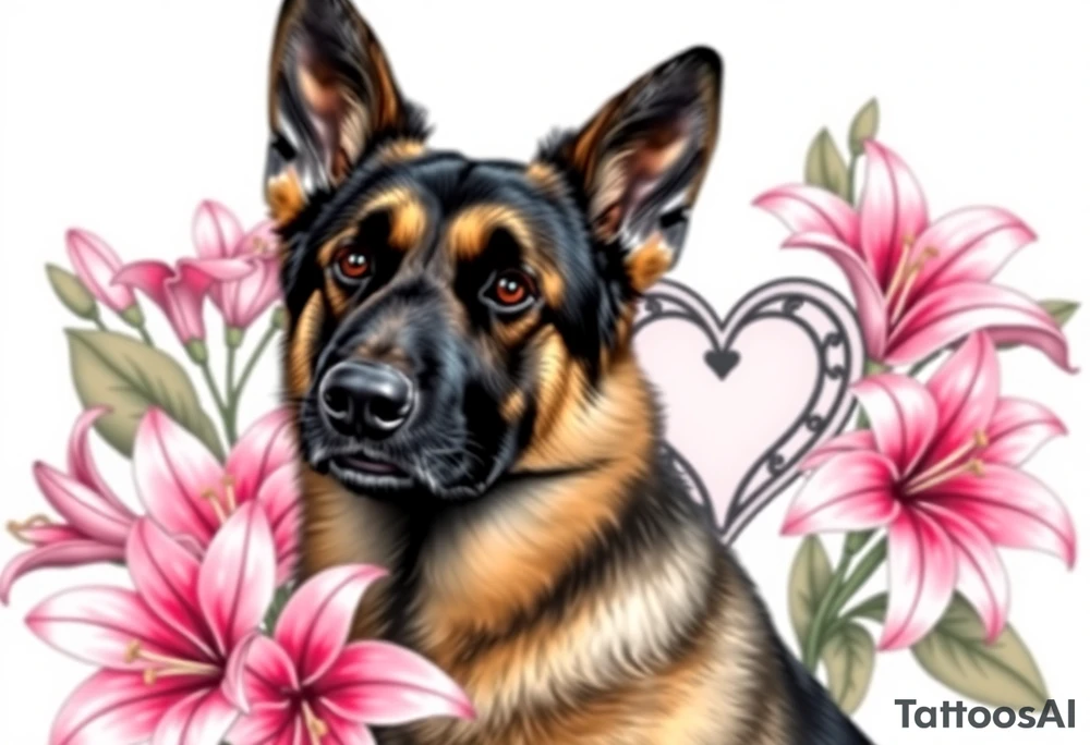 realistic german shepherd with alert ears looking protective surrounded by pink lilies with large leaves in front of a sacred heart tattoo idea
