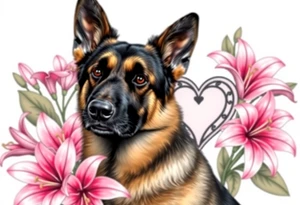 realistic german shepherd with alert ears looking protective surrounded by pink lilies with large leaves in front of a sacred heart tattoo idea