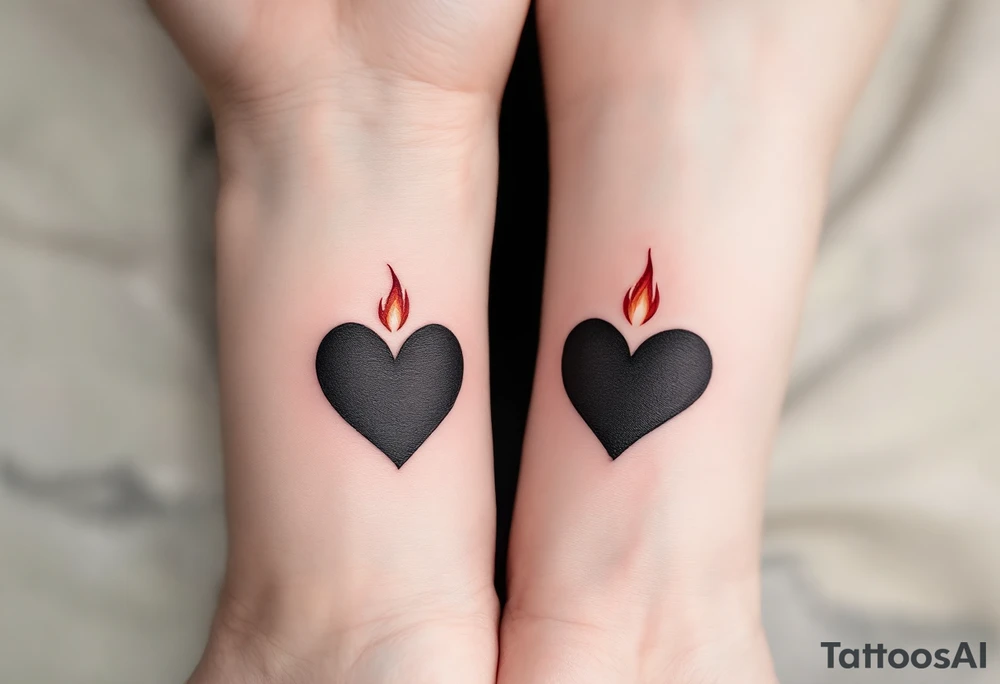 Black hearts with a small red flame above them on each wrist to represent burning love. tattoo idea