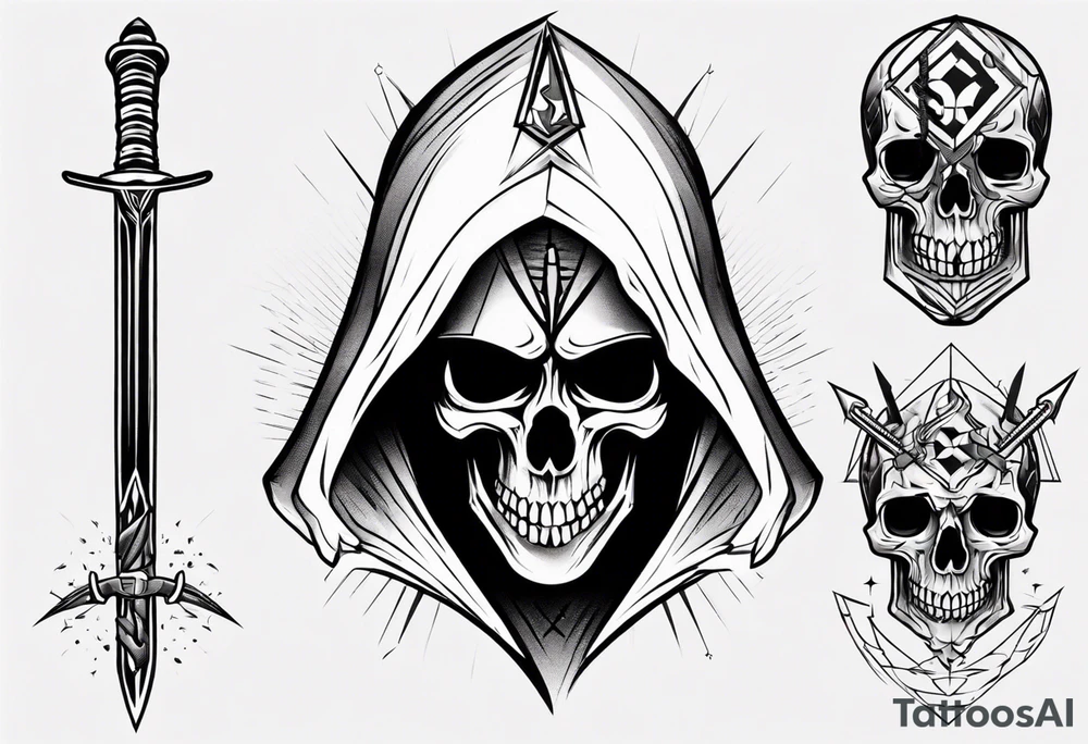 hooded skull sword tattoo idea