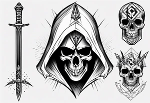 hooded skull sword tattoo idea
