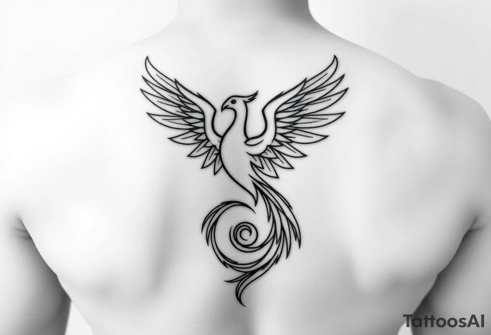 Geometric minimalist phoenix rising from its ashes, wings blending seamlessly into a Fibonacci spiral. Thin black line art, sharp and elegant symmetry, balance of chaos and order. Represents evolution, divine growth, and transformation through struggle. No shading, just clean vector geometry. tattoo idea
