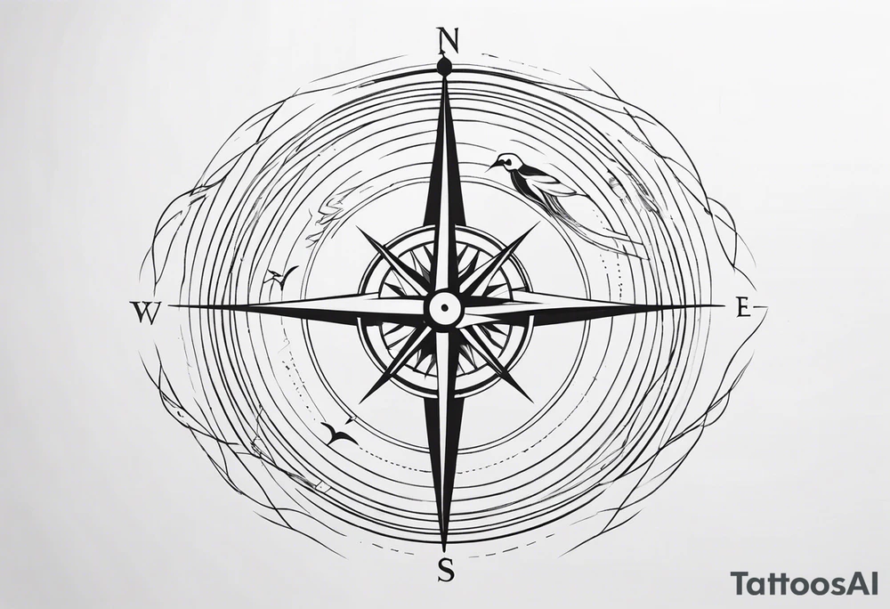 Compass with wAVES AND BIRDS on mid back female tattoo idea