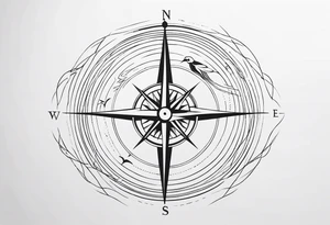 Compass with wAVES AND BIRDS on mid back female tattoo idea