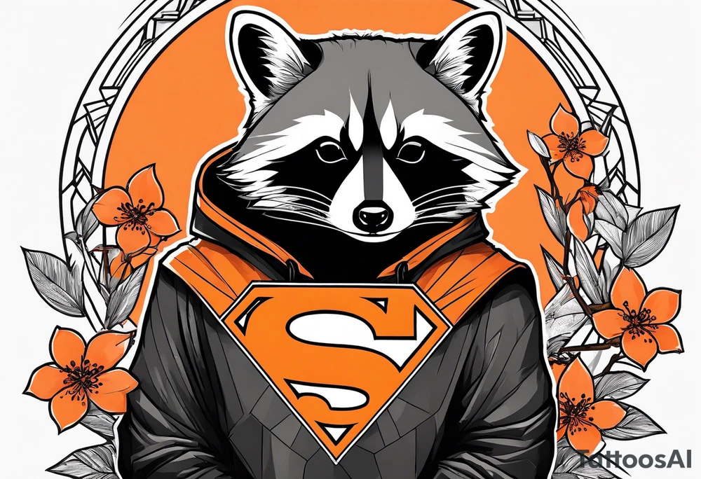 Raccoon wearing a white Superman logo on a black hoodie and orange Japanese cherry blossoms tattoo idea