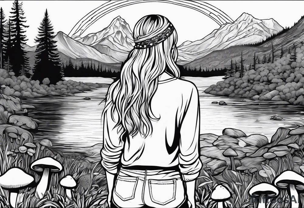 Whole picture encircled fully

Straight long blonde hair hippie girl in distance holding mushrooms in hand facing away toward mountains and creek surrounded by mushrooms long sleeve shirt and hiking pants; whole rendering within a full circle, no cut off circle tattoo idea