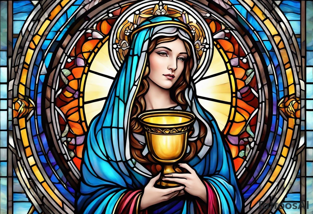 holy saint woman with halo stained glass holding a chalice tattoo idea