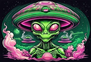 green alien inside of a ufo, smoking a joint, is smiling, pink smoke tattoo idea