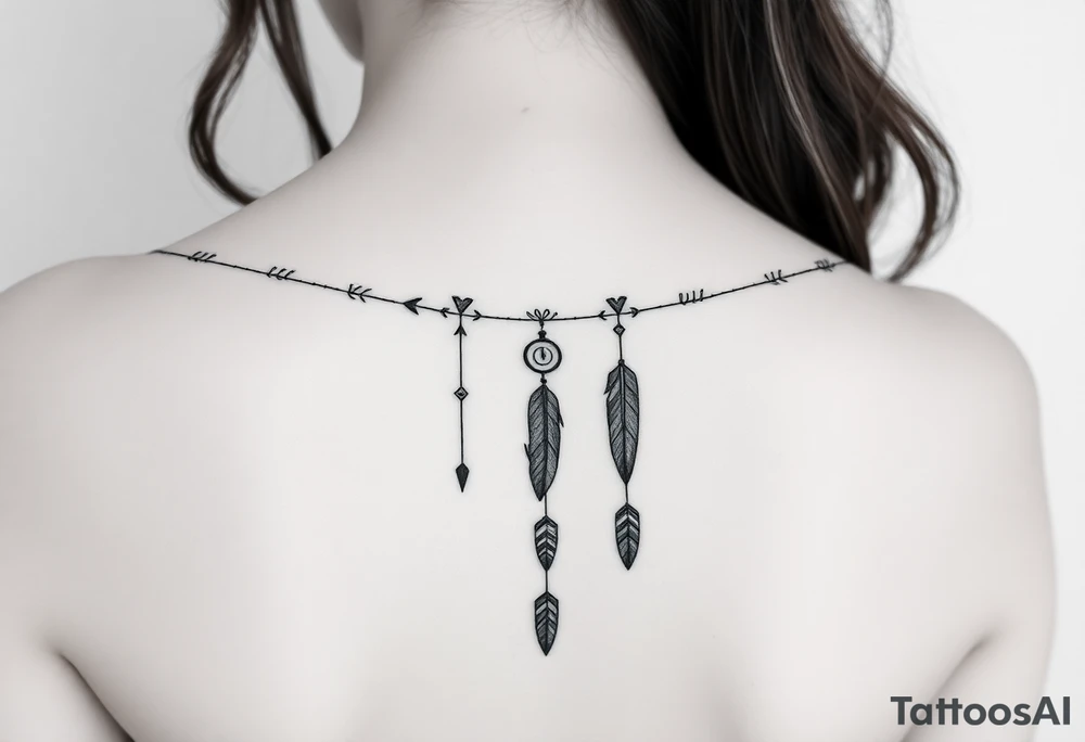Thin vertical memorial chain of symbols symbolizing loss, a brother and sister bond, and strength in a native ornament style following down the spine in with 3 vertical different lengths flowing lines made of a discreet connection of morse code ".--- .- --.     .-.. ... -.- .- .-.   -.. .. --.     .-.. .. .-.. .-.. . -... .-. --- .-. forming 3 arrow shapes connected to 3 flowing feathers hanging from the end of the morse code lines tattoo idea