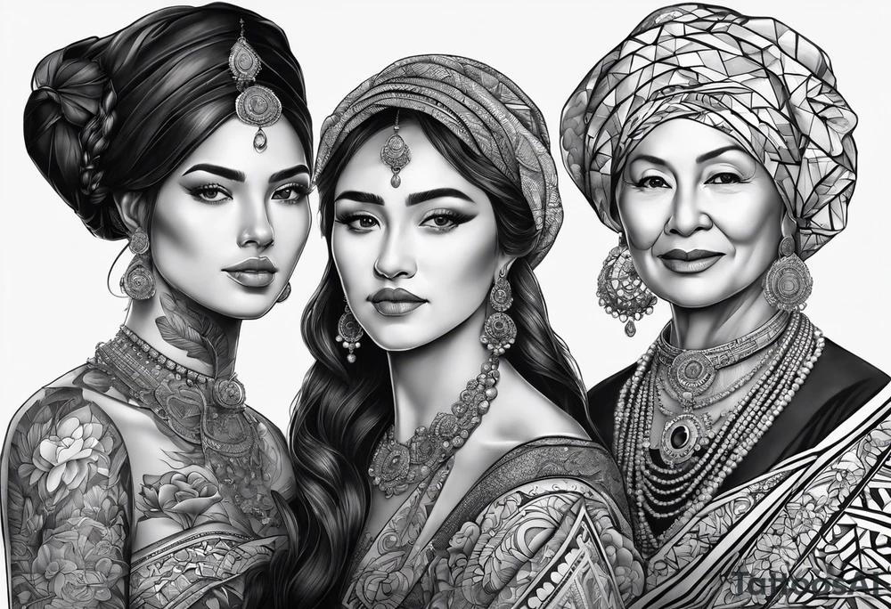 three person side by side. Daughter on the left, mother in the middle, really old grandmother on the right. greater age difference tattoo idea