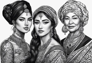 three person side by side. Daughter on the left, mother in the middle, really old grandmother on the right. greater age difference tattoo idea