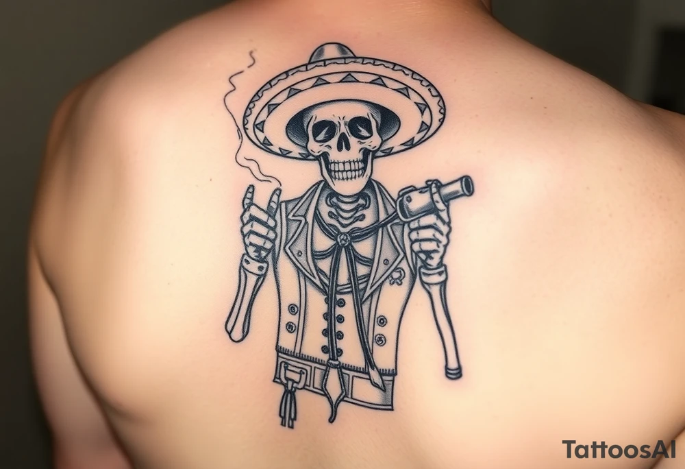Skeleton with Mexican attire with a colt and beer smoking tattoo idea