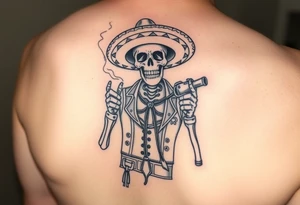 Skeleton with Mexican attire with a colt and beer smoking tattoo idea
