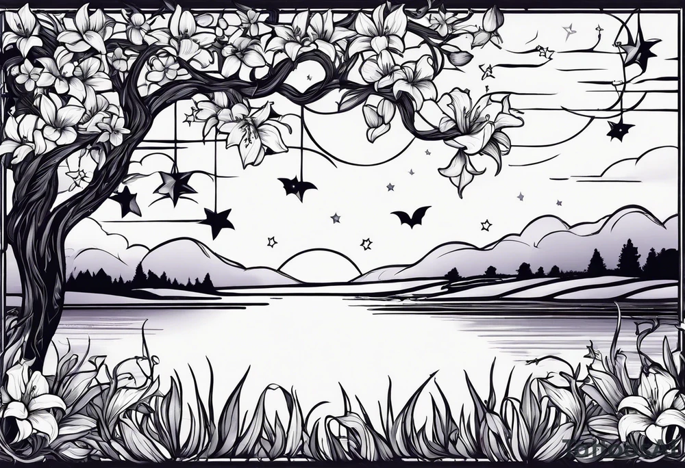 Lillys vines hanging wrapping around with a beautiful night sky I want tulips and vines wrapping around my shoulder with a bat and a night sky stars tattoo idea