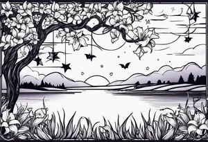 Lillys vines hanging wrapping around with a beautiful night sky I want tulips and vines wrapping around my shoulder with a bat and a night sky stars tattoo idea