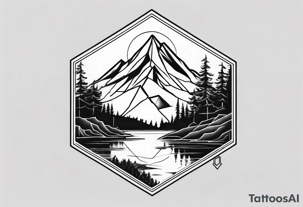 A hexagon with a mountain in the background, a coniferous forest in the foreground and a lake at the bottom tattoo idea