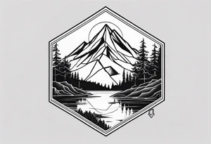 A hexagon with a mountain in the background, a coniferous forest in the foreground and a lake at the bottom tattoo idea