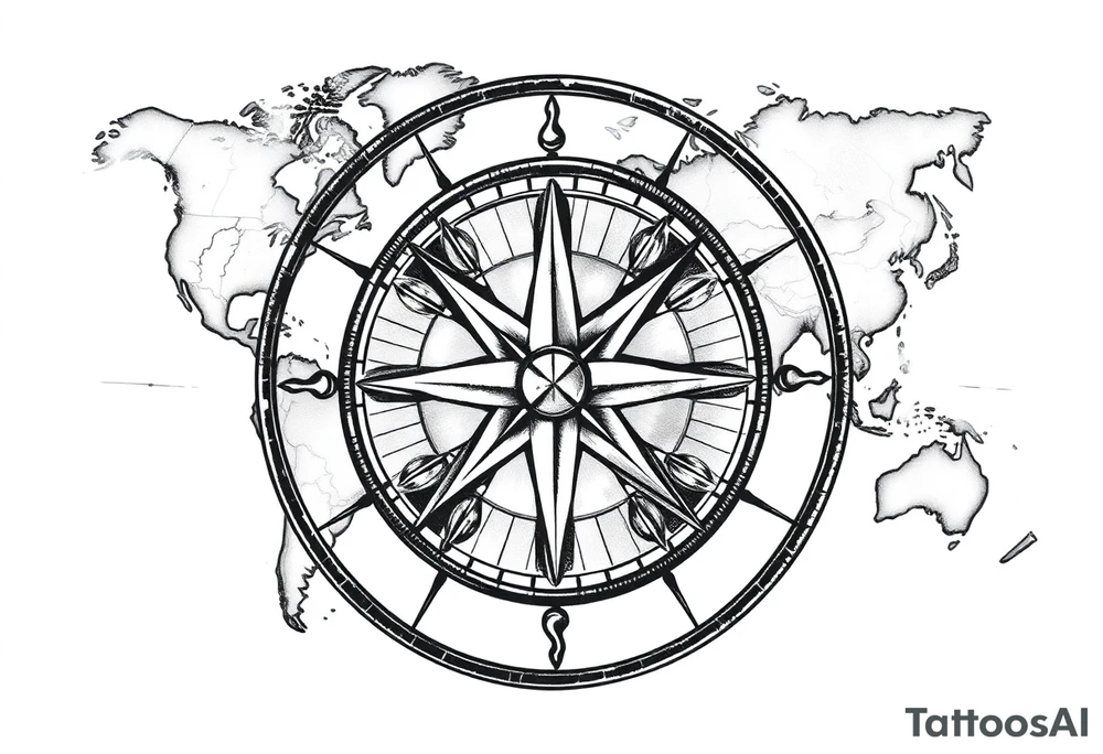 antique compass rose overlaid on weathered world map with sailing ships tattoo idea