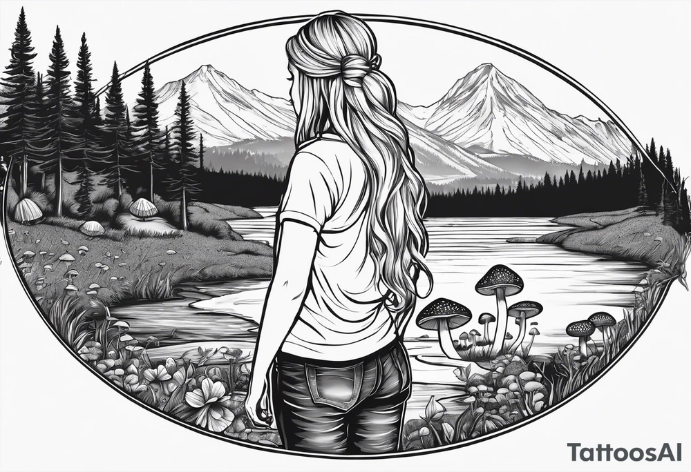 Whole picture encircled fully

Straight long blonde hair hippie girl in distance holding mushrooms in hand facing away toward mountains and creek surrounded by mushrooms long sleeve shirt and hiking pants; whole rendering within a full circle, no cut off circle tattoo idea