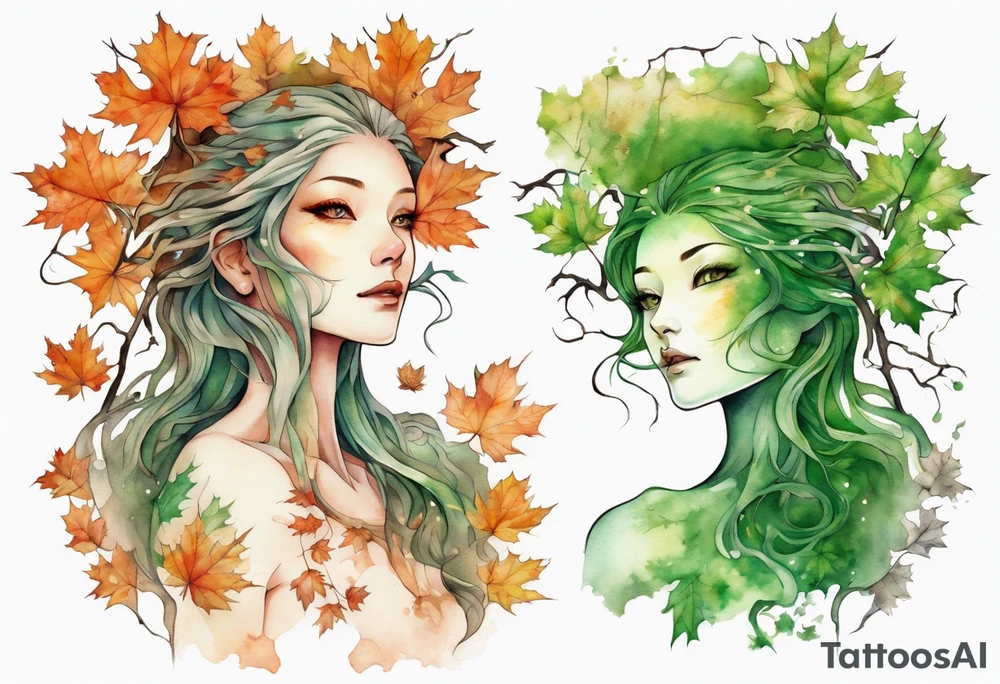 A maple tree shaped like a beautiful woman with green eyes with branches reaching up towards the sun tattoo idea
