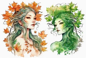 A maple tree shaped like a beautiful woman with green eyes with branches reaching up towards the sun tattoo idea