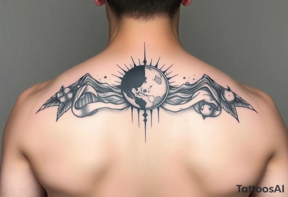 cover up tattoo inspired by the space and time that covers the upper portion of the back that bleeds into back tattoo idea
