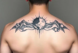 cover up tattoo inspired by the space and time that covers the upper portion of the back that bleeds into back tattoo idea