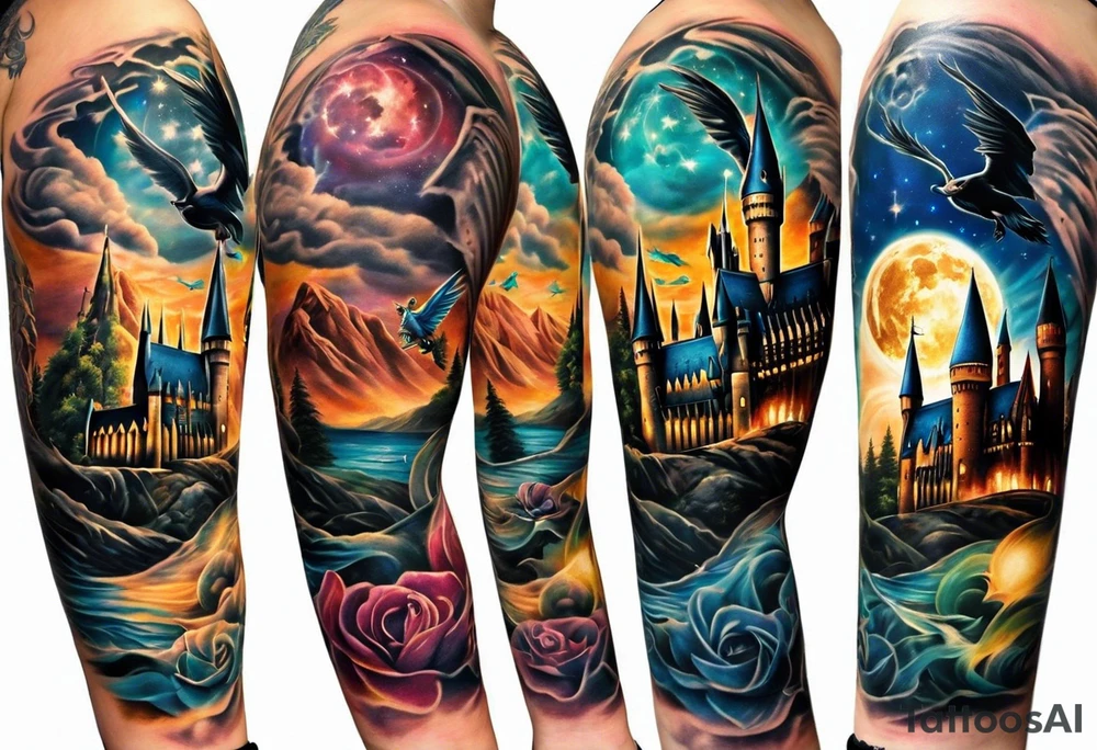 Harry Potter themed full sleeve. Include the Hogwarts castle, a golden snitch, the flying ford angler, the Ravenclaw house crest, and Luna Lovegood. tattoo idea
