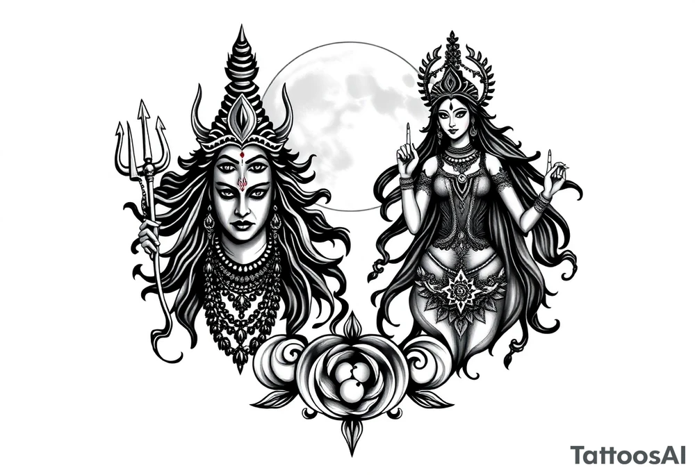 Lord Shiva, Godess Kali, Godess Lilith with the moon phases in the background tattoo idea