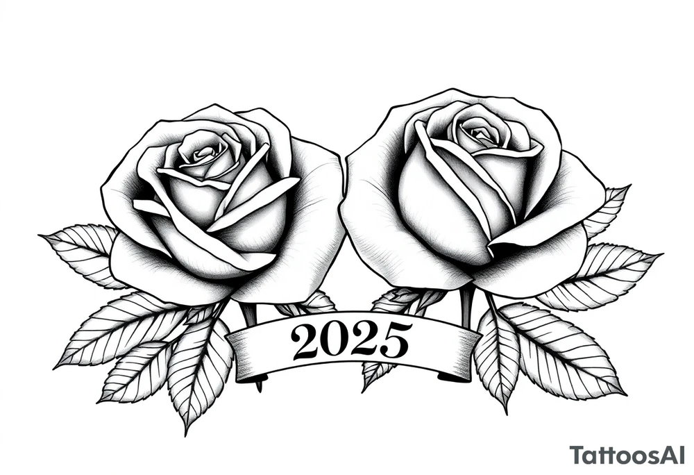 two beautiful large rose buds, one slightly larger than the other, with lots and lots of leaves next to the rose buds, with one sitting slightly higher than the other, side-by-side.  Include a banner connecting the two roses with the year 2025 on it.   Use dark outlines with little shading. Remove all stems from the roses. tattoo idea