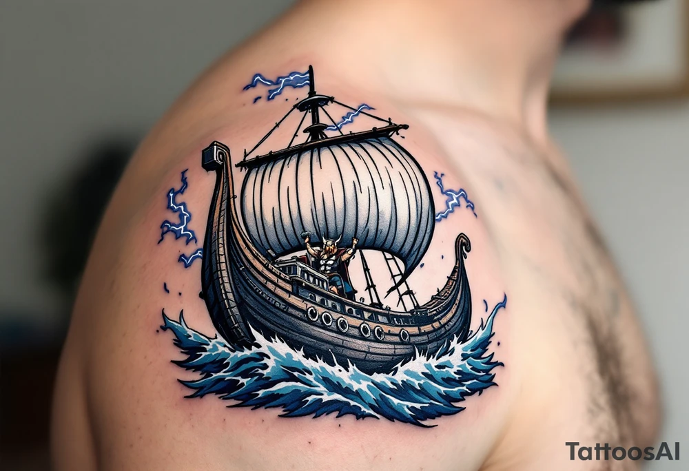 A detailed Viking longship sailing through a storm, with Thor standing at the bow, holding his hammer high as lightning strikes, in full-color realism with dark blues, greys, and silver. tattoo idea