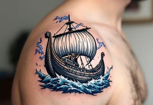 A detailed Viking longship sailing through a storm, with Thor standing at the bow, holding his hammer high as lightning strikes, in full-color realism with dark blues, greys, and silver. tattoo idea