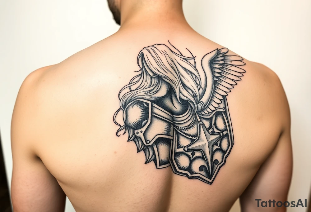 femme blonde cheveux long ondulé, en armure de chevalier tenant épée à la mais et de grandes ailes d'anges déployées tattoo idea