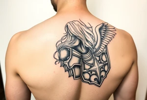 femme blonde cheveux long ondulé, en armure de chevalier tenant épée à la mais et de grandes ailes d'anges déployées tattoo idea