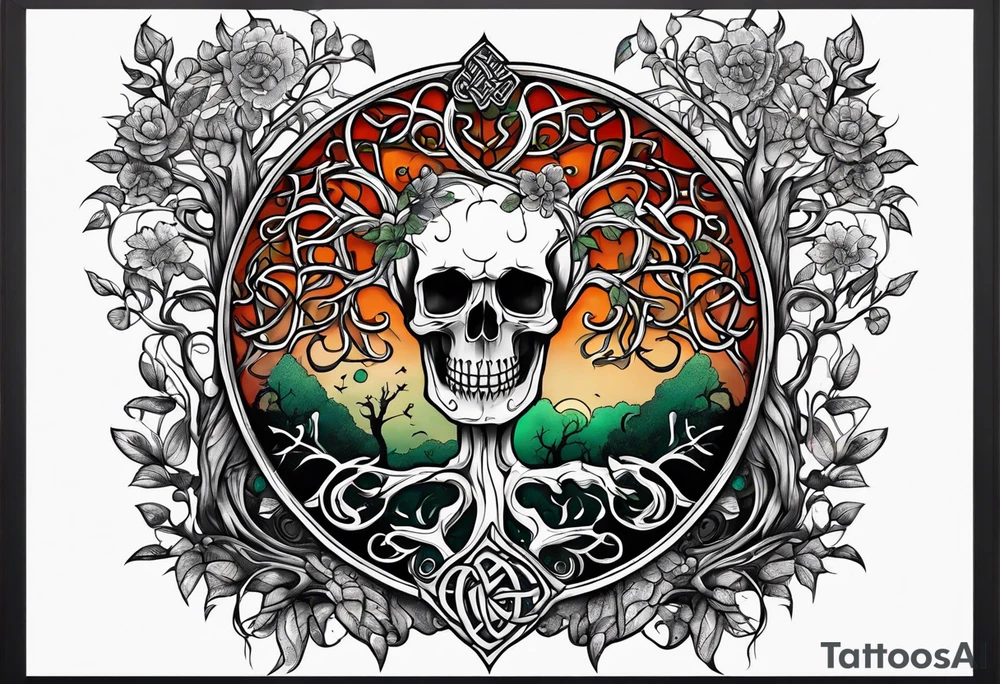 Skeletons beneath Celtic tree of life tattoo idea