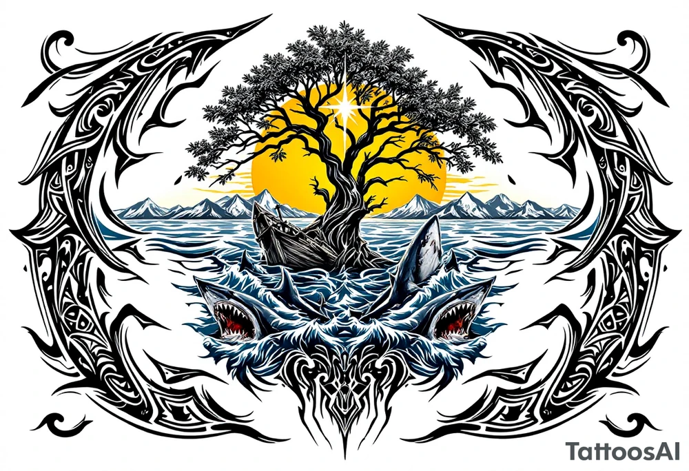 tattoo that has an acacia tree with mountains, ocean with a ship wreck with sharks and the bright northern star tattoo idea