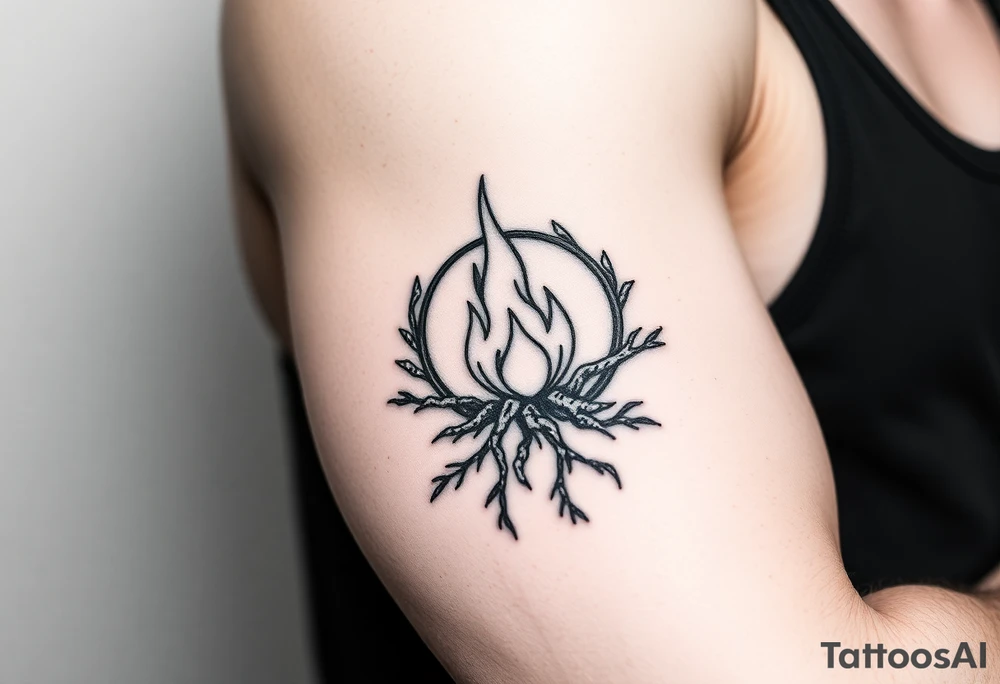 a round flame imprisoned in a roots circle tattoo idea