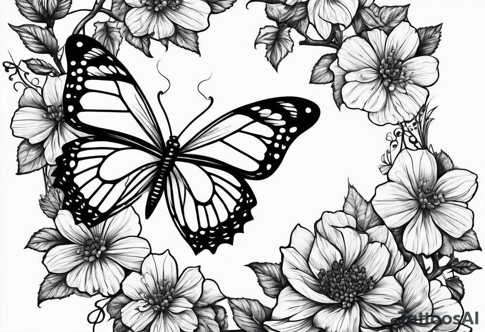 Majestic vineyard with flowers and butterflies tattoo idea