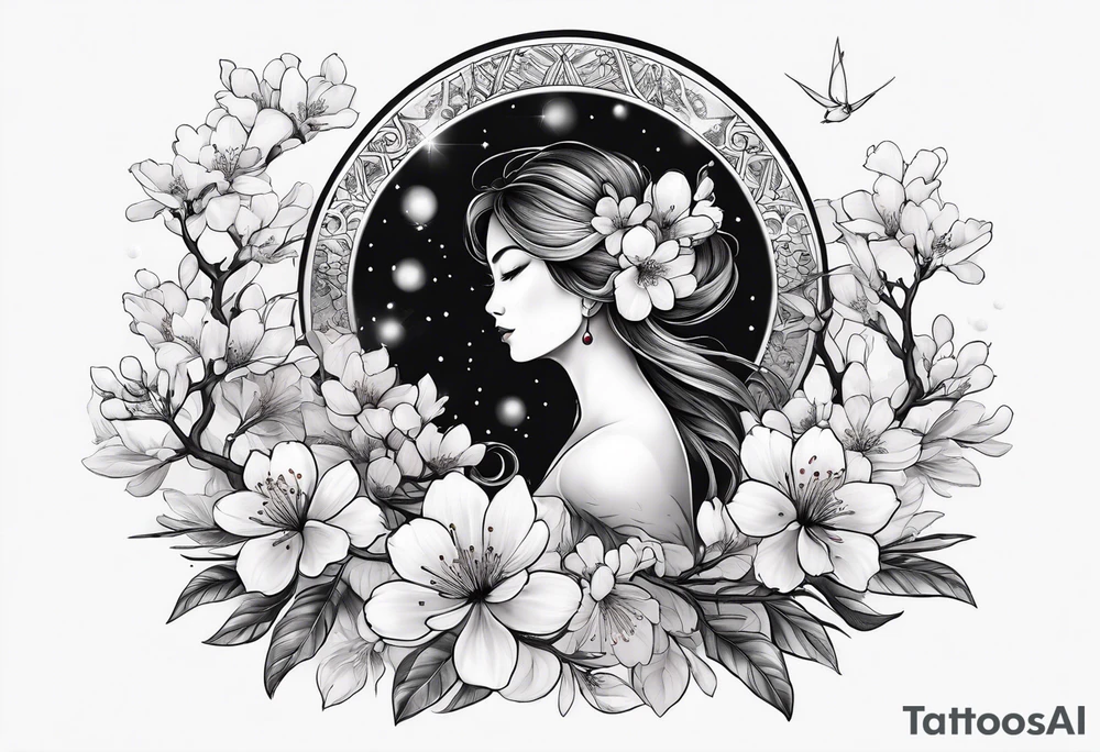 solar system with cherry blossoms spread about spine tattoo idea