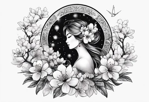 solar system with cherry blossoms spread about spine tattoo idea