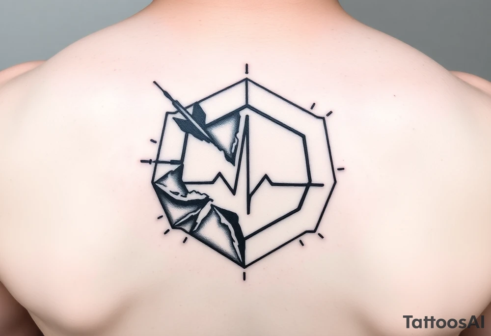 An abstract masculine tattoo featuring a fragmented geometric shape, like a cracked hexagon or shield, with asymmetrical broken pieces. Sharp angular lines radiate from the fractures, symbolizing strength emerging from brokenness. A single bold diagonal stroke crosses the shape like a heartbeat line, representing persistent love and resilience. Small fine dots near the edges add subtle detail and emotional depth. The design uses clean black lines, strong contrast, and minimalist style focusing on power and complexity. tattoo idea