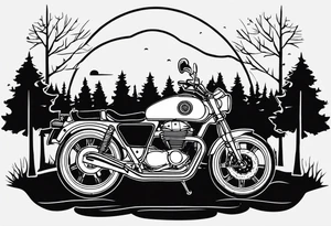 fine line without color, gear (wheel) UK, motorcycle, trees, forest, stag, wedding date tattoo idea