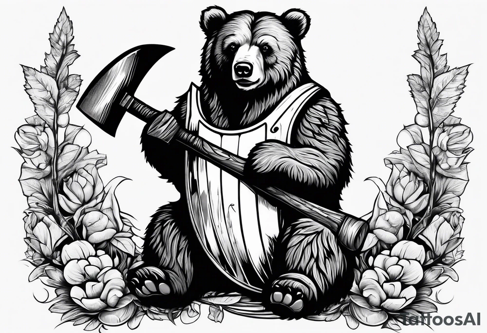 Vertically split half teddy bear and half grizzly bear holding a wood axe tattoo idea
