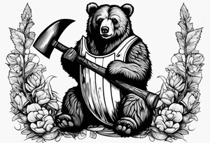 Vertically split half teddy bear and half grizzly bear holding a wood axe tattoo idea